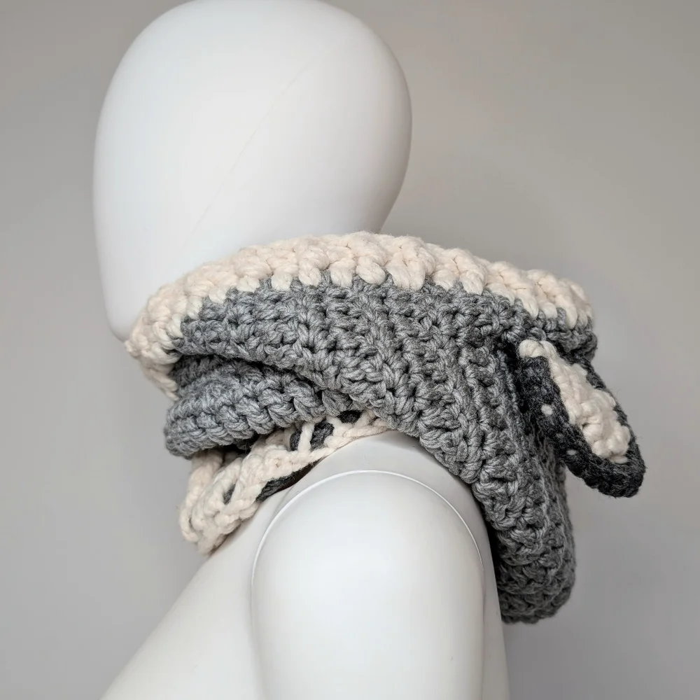 Handmade Crochet Gray & Cream Wolf Head Cowl Hood Scarf With Ears Beenie Hat